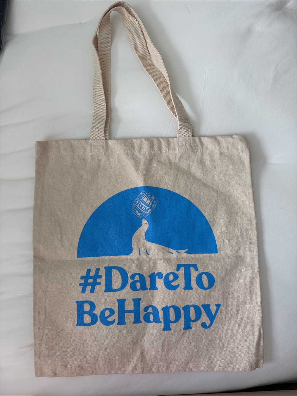 #DareToBeHappy Canvas Tote Bag in Natural with Blue Print